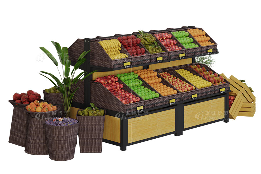 Double sides two layers fruit display rack with baskets