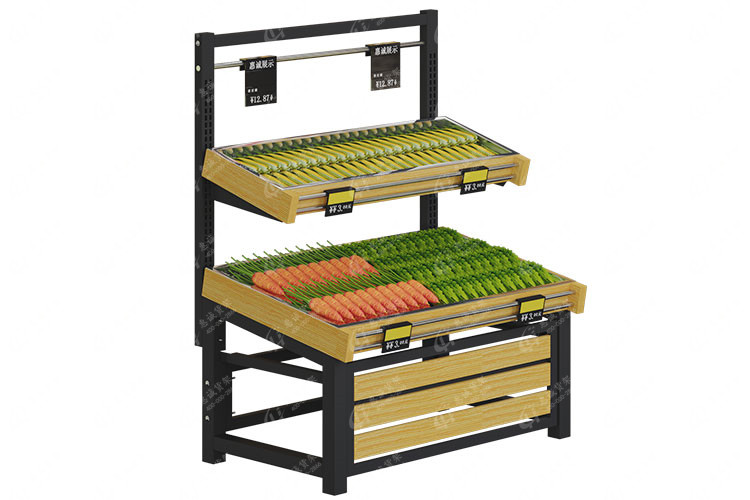 Two layer single side fruit vegetable display rack--wood stripe style