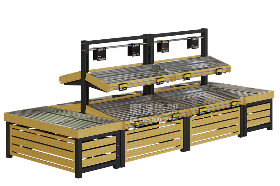 Huicheng new style steel wood fruit shelf vegetable rack -QDM wood stripe