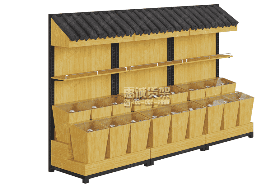 Single Sided Supermarket Wooden Display Shelf With Rice Barrels