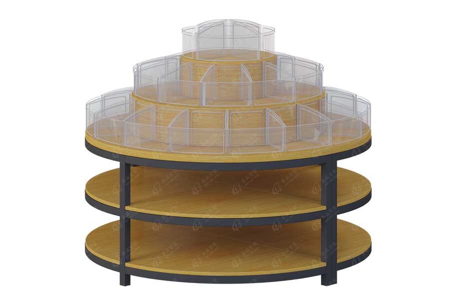 Round shape supermarket store wooden display rack with acrylic box