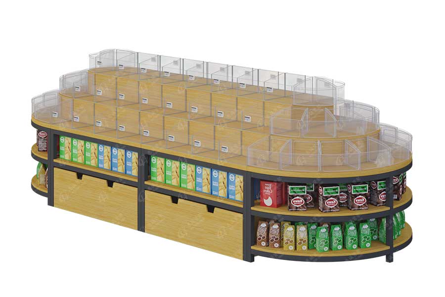 Supermarket center stand store wood display shelf 